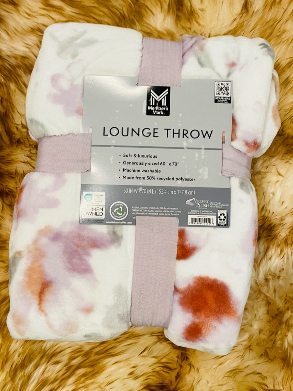 Mainstays Plush Floral Tie-Dye Throw Blanket in White, Rust & Lavender